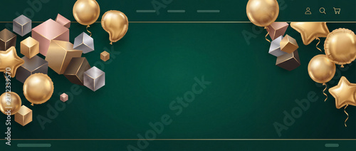 Colorful balloons and geometric shapes create a festive background for a celebration or event invitation
