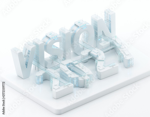 Model of the word vision created with clear materials showing the letters connected in a modern design