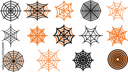 Collection of various spider web designs in black and orange for halloween decoration and graphic design projects