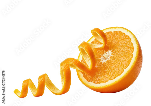 A perfectly cut juicy orange half with an elegant spiral of zest on a transparent background with soft studio lighting. Concept of freshness and healthy eating