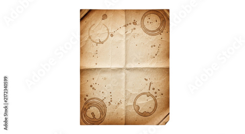 Top-down view of a single vintage brown paper with coffee stains and creases, isolated on a transparent background with copy space. Concept of nostalgia and authenticity
