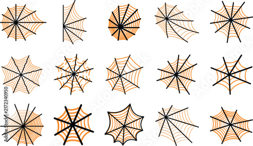 Collection of hand drawn spider web sketches isolated on a white background for halloween design elements
