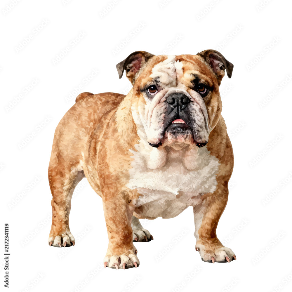 Obraz premium Bulldog standing against a white background with its mouth slightly open