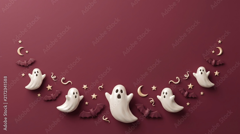 Naklejka premium A creative halloween special background featuring cute white ghost figures arranged in a festive arch on a deep red surface