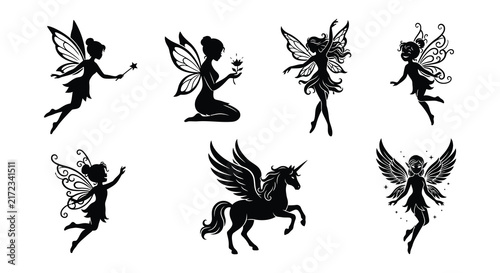 Black silhouettes of fairies and a winged unicorn on a white background