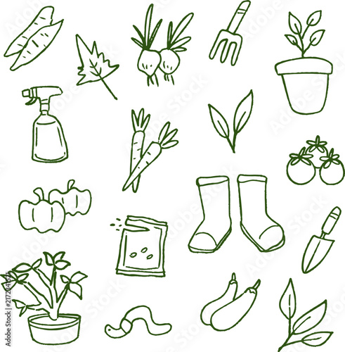 set of whimsical hand drawn gardening, leaves, grass, tree, bush clipart collection