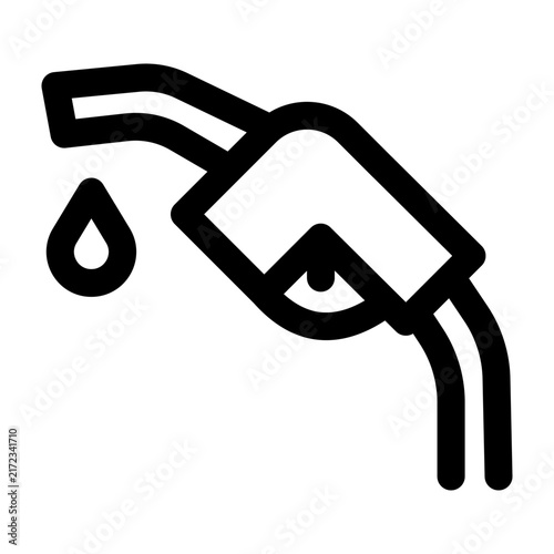 Gas pump nozzle icon. Editable stroke. Vector illustration. Simple line icon showing a fuel dispenser handle nozzle dispensing liquid drops into a vehicle tank.