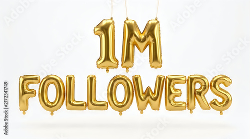Golden one million followers celebration with balloon letters on a white background