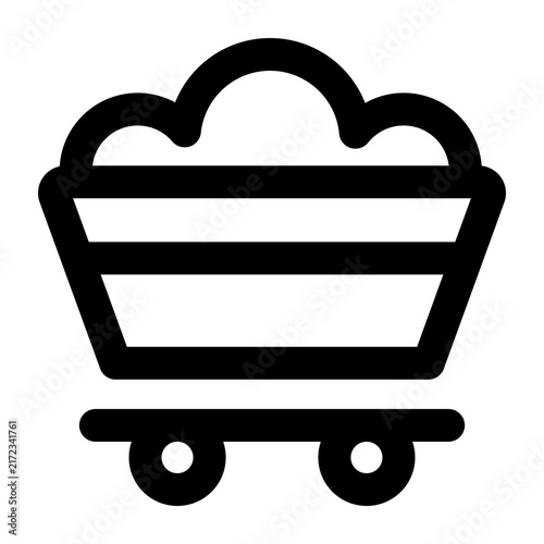 Mine cart icon. Editable stroke. Vector illustration. Minimal line icon showing a classic wooden mine tub filled with raw coal chunks resting on rail tracks.