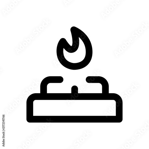 Gas stove burner with a flame icon. Editable stroke. Vector illustration. Modern line icon featuring a kitchen gas stove burner with burning blue fire flames.