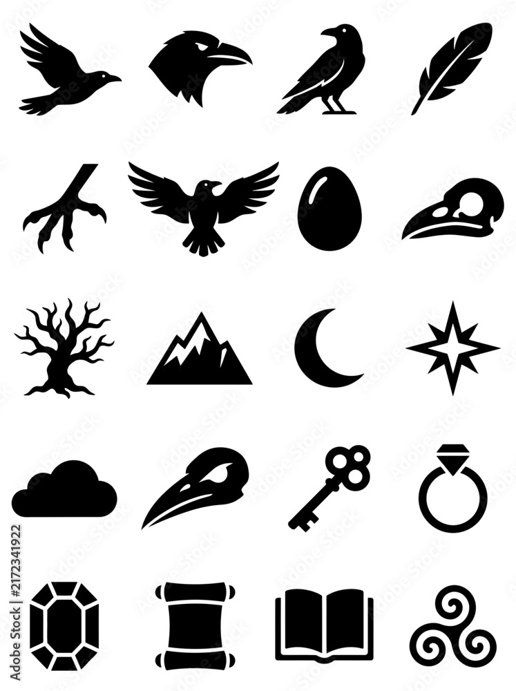 Fototapeta premium Gothic Raven and Mystical Magic Silhouette Icons Vector Set