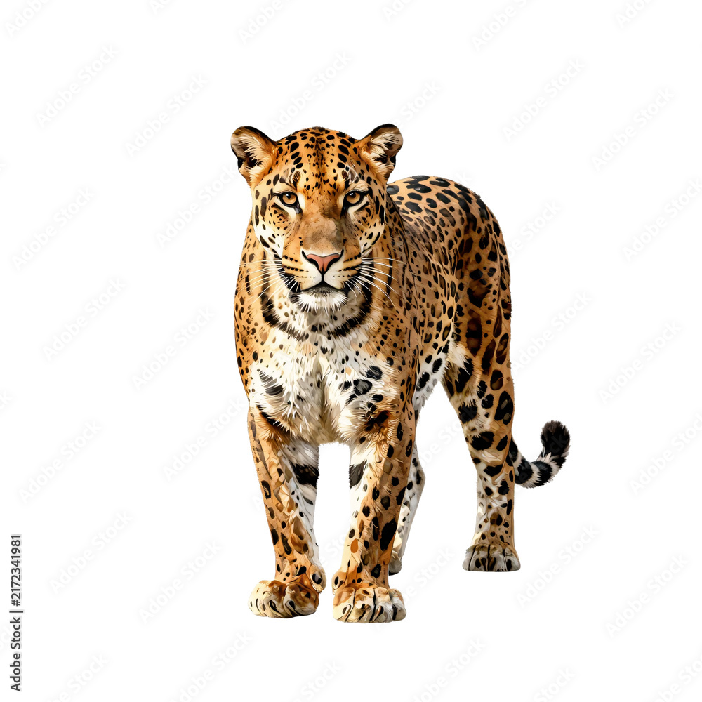 Obraz premium Front view of a majestic jaguar with spotted fur standing on a white background
