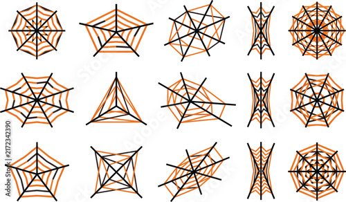 Collection of hand drawn spider web sketches isolated on white background for halloween design elements