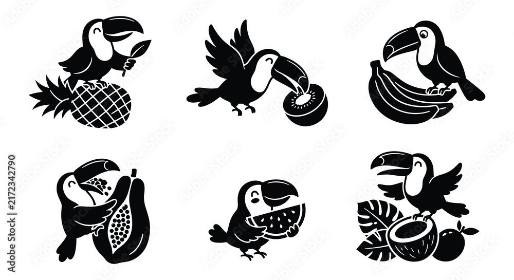 Naklejka premium Toucan silhouettes with tropical fruits on a white background