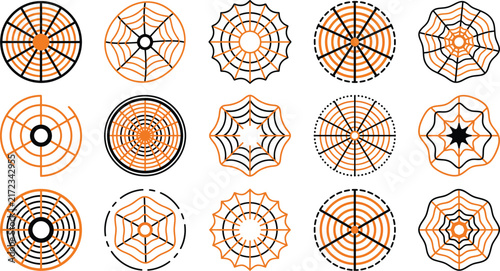 Set of fifteen circular geometric patterns and abstract radial mandala designs in orange and black line art