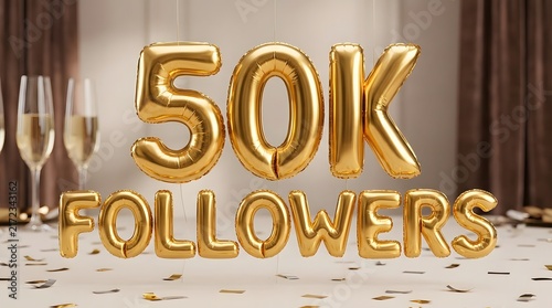 Celebration of fifty thousand followers with gold balloons and champagne glasses