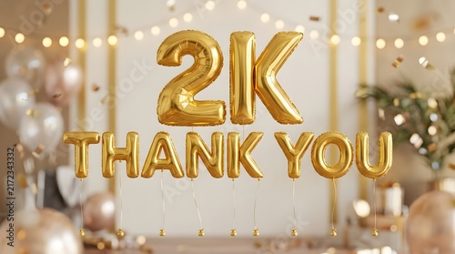 Golden balloons spelling 2k and thank you against a blurred celebratory background