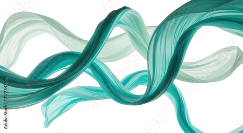 Lightweight teal and turquoise fabric swirls gracefully in fluid motion on a transparent studio background with soft high-key lighting. Concept of digital fluidity and innovation