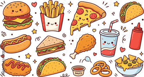 Cute fast food doodle set with hand drawn burger pizza and fries icons for menu design
