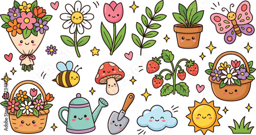 Hand drawn garden picnic doodles set, summer food and outdoor leisure icons collection.