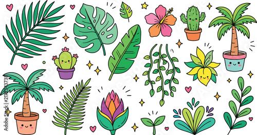 Cute tropical plants doodle set, hand drawn exotic leaves and botanical vector illustrations.