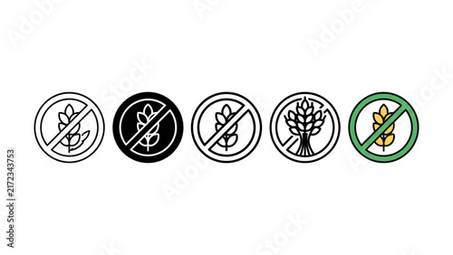 Set of gluten free sign icons featuring wheat stalk symbols in various outline and flat design styles
