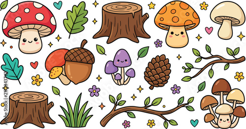 Hand drawn mushroom doodle set, cute forest fungi vector illustrations for design projects.