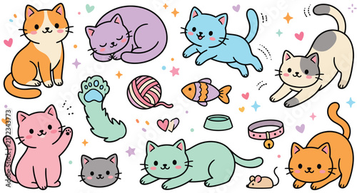 Cute cat collection illustration set featuring various adorable feline characters.