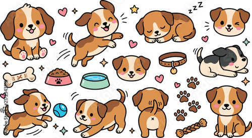Cute puppy doodle set with hand drawn dog elements for creative design projects.