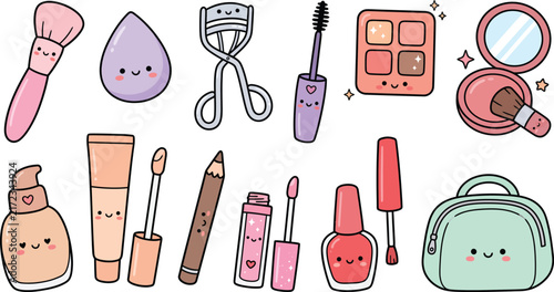 Cute makeup doodles sticker sheet with beauty icons and cosmetic elements for planner decor.