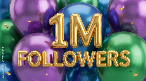 Celebration of one million followers with colorful balloons and gold text