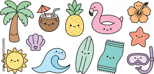 Tropical vacation doodle set with summer travel icons and beach holiday hand drawn elements