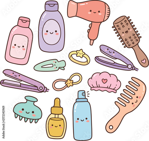 Cute hair care doodle illustration set with beauty tools and hair styling accessories.