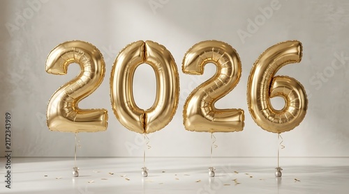 Golden foil balloons forming the year 2026 against a neutral textured wall
