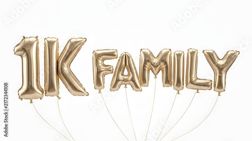 Rose gold foil balloons spelling out the words 1k family on a white background