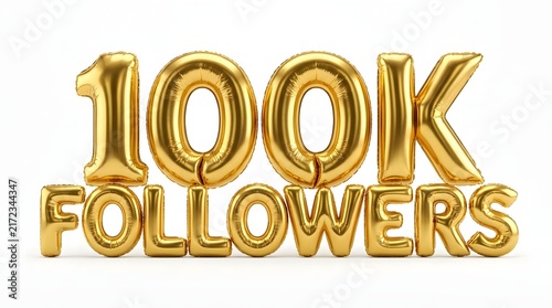 Celebration of one hundred thousand followers with golden balloon letters