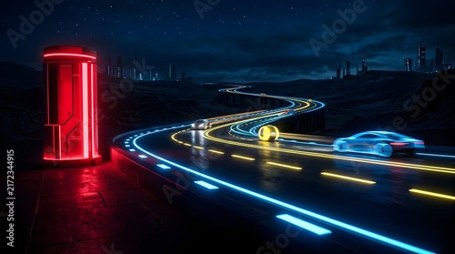 Nighttime cityscape with illuminated tower and blurred traffic lights reflecting on wet pavement