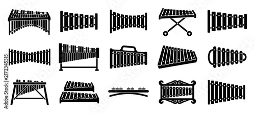 Set of black xylophone and marimba icons featuring various designs of percussion instruments in a simple, minimalist silhouette style for graphic and musical concepts