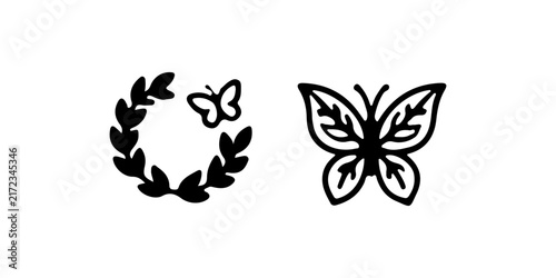 Black silhouette butterfly inside laurel wreath and isolated
