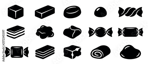 Collection of black candy and sweet icons in various shapes including wrapped bonbons, toffee, chocolate, and jelly, presented as a minimalist graphic design element set
