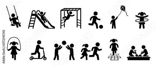 Set of black pictogram icons showing children playing at a playground, with figures swinging, sliding, flying a kite, playing hopscotch, and riding a scooter