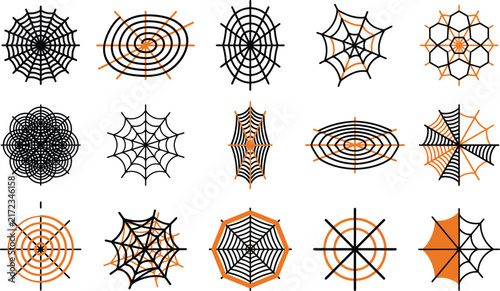 Set of various spider web designs and halloween cobweb illustrations for spooky holiday decoration and graphic design