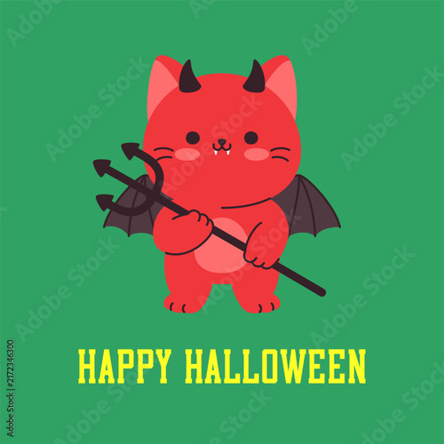 Cute devil cat holding a trident for Halloween