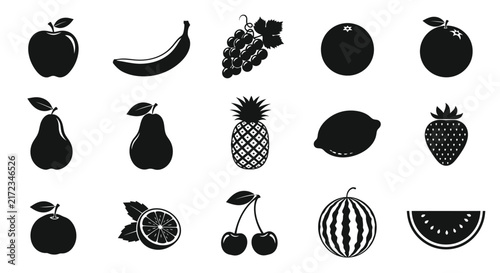 Collection Of Fruit Silhouettes In Black And White Vector Style Silhouette