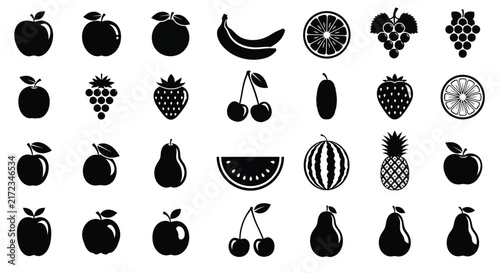 Collection Of Fruit Silhouettes In Black And White Minimalist Silhouette