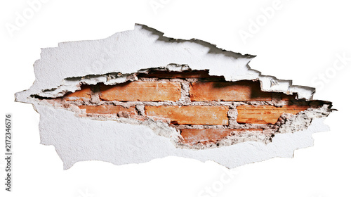 Canvastavla Damaged plaster wall revealing rough orange brickwork, isolated on transparent b