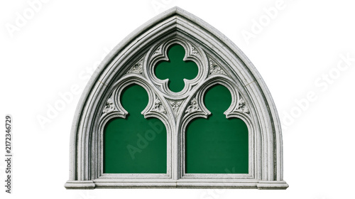 Фотография Ornate gothic stone window frame with green inserts, isolated on transparent bac