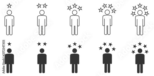 Customer review 1, 2, 3, 4, 5 star rating icon set. Customer rating and satisfaction star level icon. Line and solid user silhouettes. Vector illustration.