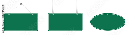 Hanging rectangular and circle green blank sing board. Blank green traffic road sign. Vector illustration.