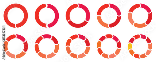 Circle pie chart. 2,3,4,5,6,7,8,9,10 sections or steps. Circle division infographic icon set. Loading bar set diagram multicolored collection. Color wheel vector. Vector illustration.